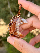 Load image into Gallery viewer, Artisan cab (positive rocks) Carnelian Crescent moon with citrine + garnet gem accents wire wrapped pendant necklace
