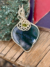 Load image into Gallery viewer, Moss agate with faceted peridot gem accent wire wrapped pendant necklace
