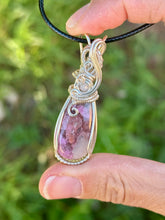 Load image into Gallery viewer, Pink Cobalt Calcite with moonstone gem accents tree of life wire wrapped pendant necklace
