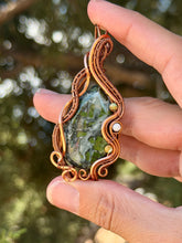 Load image into Gallery viewer, Artisan cab (johari gems) green jade + green turquoise + moonstone gem accent wire wrapped pendant necklace
