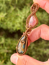 Load image into Gallery viewer, Rhodochrosite + labradorite double decker wire wrapped pendant necklace
