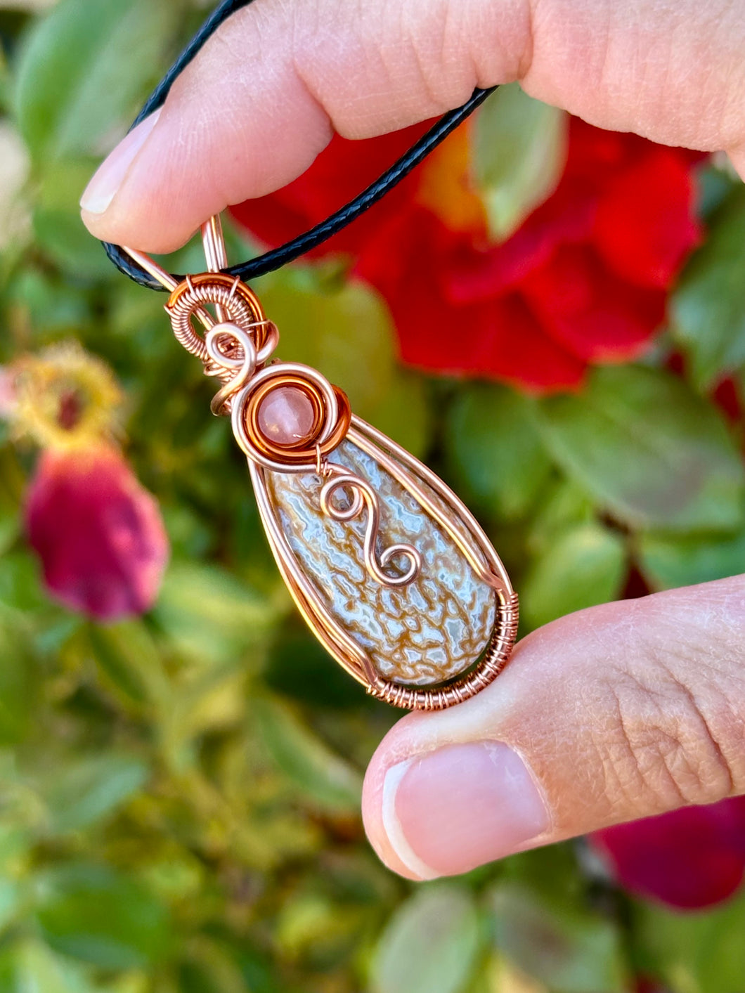 Dino Bone with cherry quartz gem accent wire wrapped pendant necklace