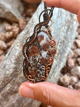 Load image into Gallery viewer, Artisan cab (johari gems) eudialyte with thulite + ruby gem accents wire wrapped pendant necklace
