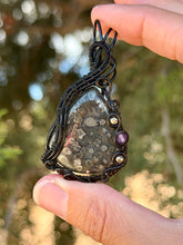 Load image into Gallery viewer, Artisan cab (johari gems) marcasite with pyrite + amethyst gem accent wire wrapped pendant necklace
