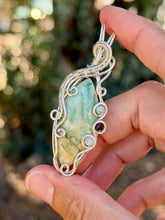 Load image into Gallery viewer, Mariposite with Amazonite + garnet gem accent wire wrapped pendant necklace
