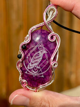 Load image into Gallery viewer, DUO TONED WIRE + DESIGNER STONE (etched by Marina Rabinskaya) Dragon Vein Agate with strawberry quartz + onyx inclusions Wire wrapped pendant
