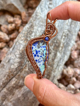Load image into Gallery viewer, Artisan cab (johari gems) blue bird azurite with lapis lazuli gem accent wire wrapped pendant necklace
