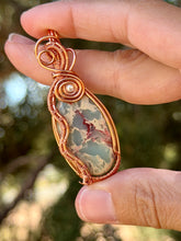 Load image into Gallery viewer, Sea sediment jasper with pearl gem accent wire wrapped pendant necklace
