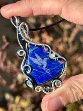 Load image into Gallery viewer, DUO TONED WIRE + DESIGNER CAB (etched by Marina Rabinskaya) Lapis lazuli with amethyst + aquamarine inclusions Wire wrapped pendant
