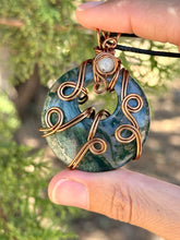 Load image into Gallery viewer, Moss agate with moonstone inclusion wire wrapped pendant talisman necklace
