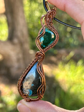 Load image into Gallery viewer, Chrysocolla/malachite with azurite double decker wire wrapped pendant necklace
