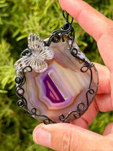 Load image into Gallery viewer, Purple agate with onyx + strawberry quartz gem accent wire wrapped pendant
