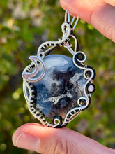Load image into Gallery viewer, Artisan cab (positive rocks) black scenic maligano jasper with onyx + moonstone gem accent wire wrapped pendant necklace

