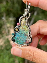 Load image into Gallery viewer, Artisan cab (positive rock) rainbow moss agate with rhodonite, citrine, blue apatite gem accents wire wrapped pendant necklace
