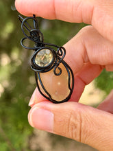 Load image into Gallery viewer, Libyan desert glass with faceted citrine gem accent wire wrapped pendant necklace
