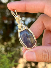 Load image into Gallery viewer, Iolite with green fluorite  gem accents wire wrapped pendant necklace
