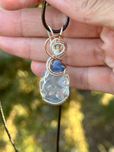 Load image into Gallery viewer, Celestite with blue kyanite gem accents wire wrapped pendant necklace
