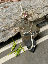 Load image into Gallery viewer, Gray Stripe Obsidian with Watermelon Tourmaline slice gem accent wire wrapped pendant necklace

