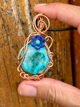 Load image into Gallery viewer, Malachite / Chrysocolla with turquoise gem inclusions wire wrapped pendant necklace
