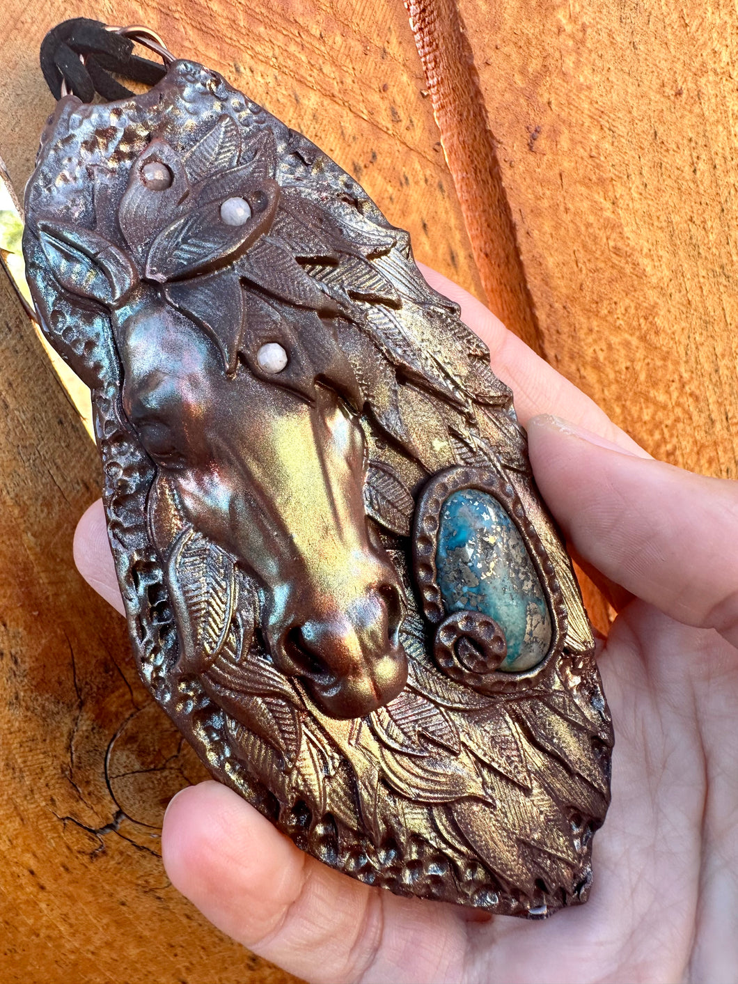 Reserved for Tanya r Warrior Horse Turquoise + Moonstone Polymer Clay Pendent
