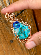 Load image into Gallery viewer, Malachite / Chrysocolla with turquoise gem inclusions wire wrapped pendant necklace
