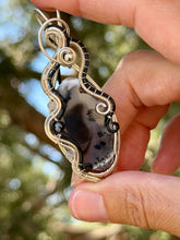 Load image into Gallery viewer, Dendritic opal with snowflake obsidian + labradorite gem accent wire wrapped pendant necklace
