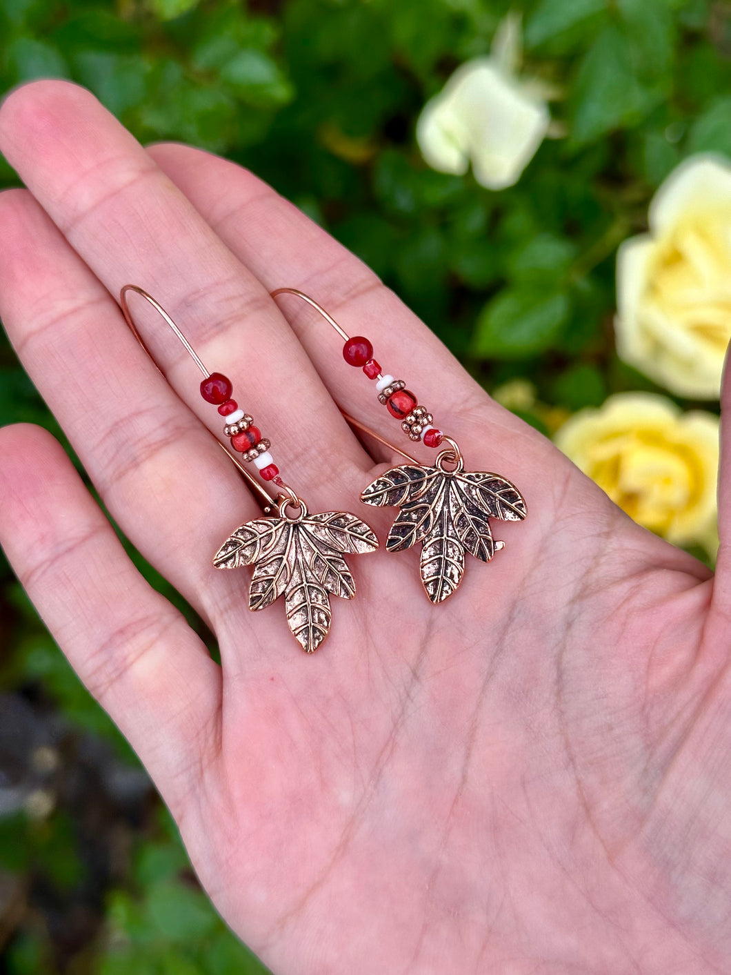Red agate with copper leafs earrings