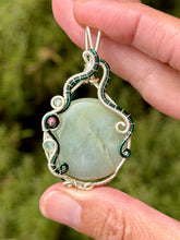 Load image into Gallery viewer, Aquamarine with blue kyanite + rhodonite gem accents wire wrapped pendant necklace

