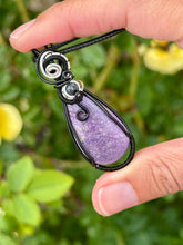 Load image into Gallery viewer, Stichtite with Larvikite gem accent wire wrapped pendant necklace
