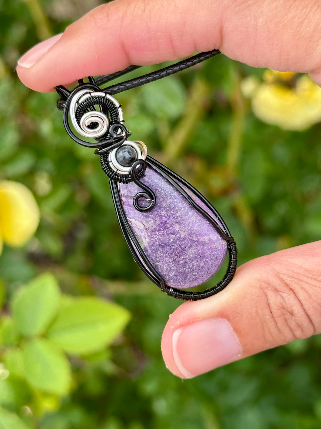 Stichtite with Larvikite gem accent wire wrapped pendant necklace