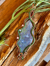Load image into Gallery viewer, Artisan cab (positive rocks) Indonesian moss agate with rhodochrosite + rose quartz gem accents wire wrapped pendant necklace
