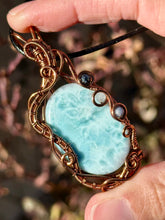 Load image into Gallery viewer, DESIGNER cab Larimar with sapphire + aquamarine inclusions Wire wrapped pendant
