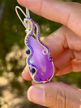 Load image into Gallery viewer, Purple onyx (dyed) with lapis lazuli + aquamarine gem accents wire wrapped pendant necklace
