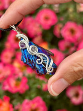 Load image into Gallery viewer, RESERVED FOR TAMMI g Titanium aura black kyanite with amethyst Wire wrapped pendant
