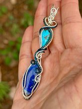 Load image into Gallery viewer, Kingman turquoise + lapis lazuli double decker wire wrapped pendant necklace

