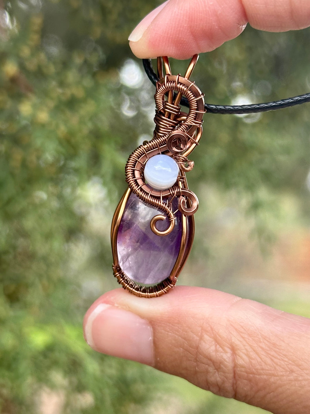 Trapiche Amethyst with Blue chalcedony gem accents wire wrapped pendant necklace