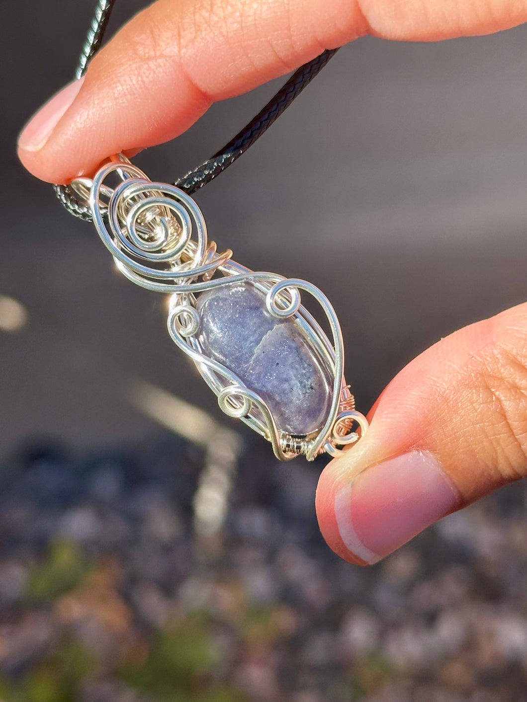 Iolite wire wrapped pendant necklace