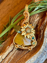 Load image into Gallery viewer, Yellow Mookaite with moss agate + green aventurine gem accents wire wrapped pendant necklace
