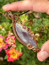 Load image into Gallery viewer, ARTISAN CAB (Ibrahim Opic) Indonesian Red Moss Agate with strawberry quartz + garnet inclusions wire wrapped pendant talisman necklace
