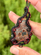 Load image into Gallery viewer, Artisan cab (johari gems) peanut obsidian with rutile quartz + garnet gem accents wire wrapped pendant necklace
