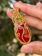 Load image into Gallery viewer, Carnelian “pumpkin” with green aventurine + green mica gem accents wire wrapped pendant necklace
