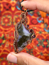 Load image into Gallery viewer, ARTISAN CAB (flintstone studio) Indonesian purple moss agate with amethyst + garnet inclusions wire wrapped pendant necklace
