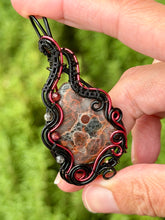 Load image into Gallery viewer, Artisan cab (johari gems) peanut obsidian with rutile quartz + garnet gem accents wire wrapped pendant necklace
