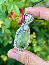 Load image into Gallery viewer, Reserved for Denise S prehnite with pearl inclusion Wire Wrapped Pendent Necklace
