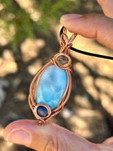 Load image into Gallery viewer, Larimar with blue kyanite + super 7 inclusions wire wrapped pendant necklace talisman
