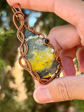 Load image into Gallery viewer, Artisan cab (positive rocks) Bumblebee Jasper with citrine + onyx gem accent wire wrapped pendant necklace
