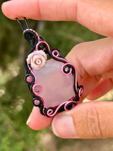 Load image into Gallery viewer, Rose quartz with pink tourmaline + rutile quartz gem accents wire wrapped pendant necklace
