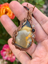 Load image into Gallery viewer, Artisan cab (johari gems) bumblebee jasper with rutile quartz + onyx gem accents wire wrapped pendant necklace
