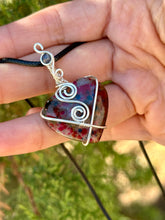 Load image into Gallery viewer, Speckled (enhanced) Labradorite with sapphire inclusion wire wrapped pendant necklace
