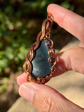 Load image into Gallery viewer, Blue tiger eye with sapphire + hematite gem accents wire wrapped pendant necklace
